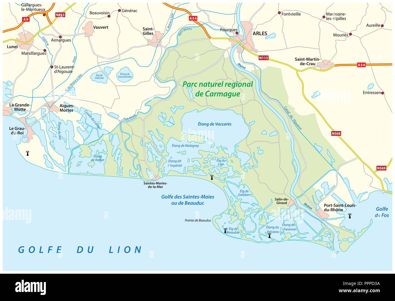 Plan de la partie sud du Parc Naturel Régional de Camargue Français, France. Illustration de Vecteur