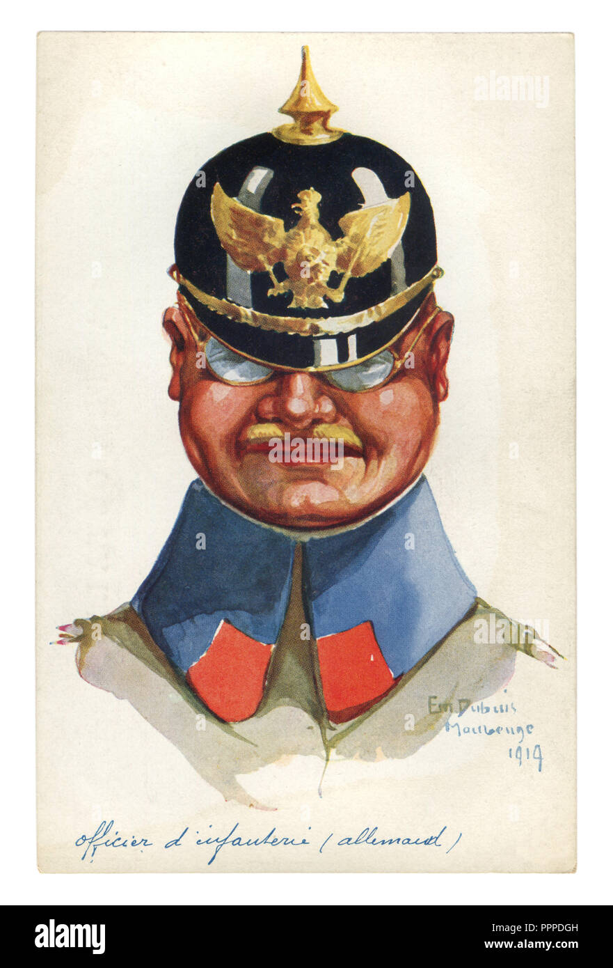 Carte postale historique français : portrait caricature de l'officier allemand corps avec l'aigle pickelhaube emblème. L'Allemagne, la première guerre mondiale 1914-1918 Banque D'Images