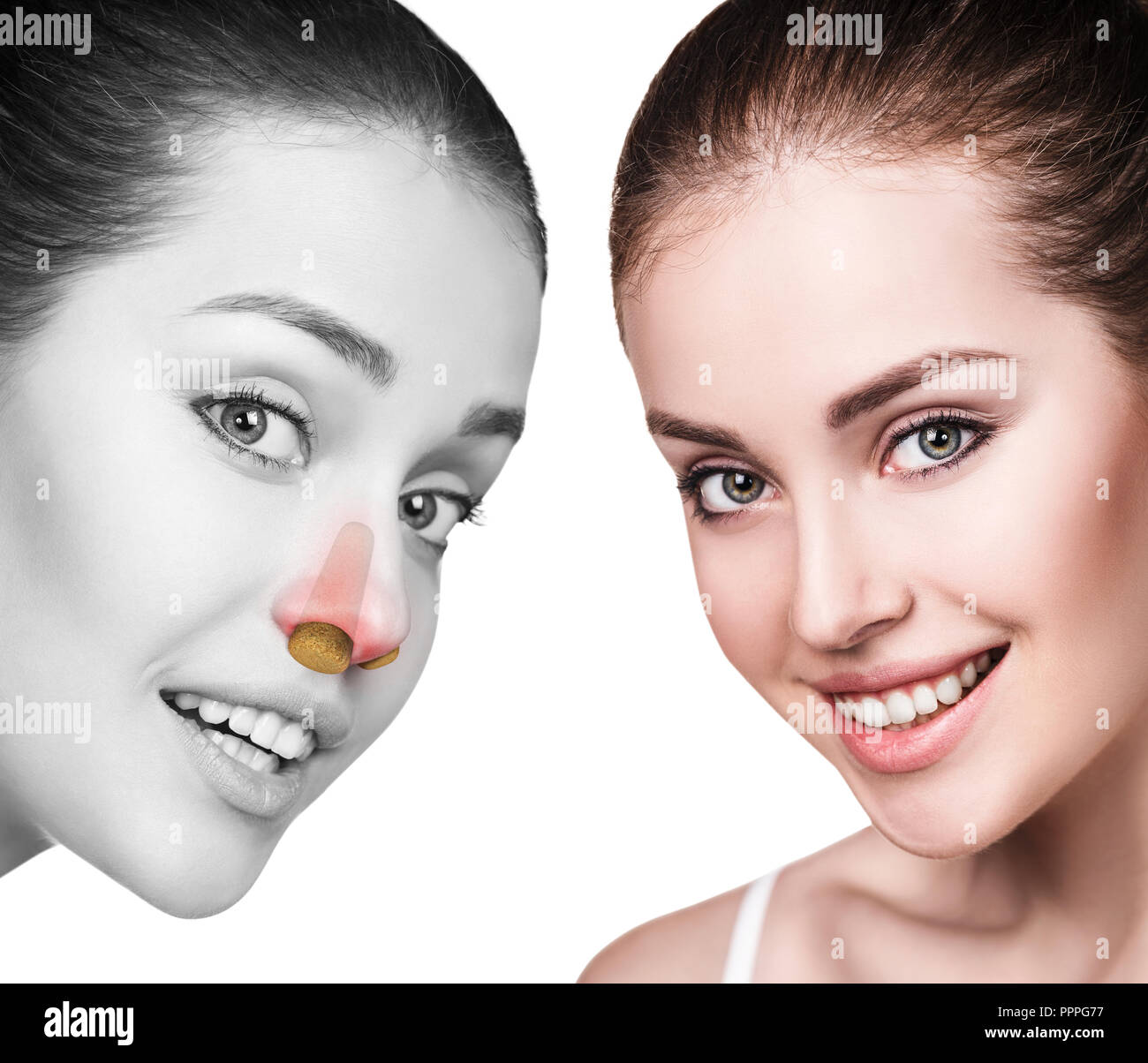 Jeune femme avec manque d'air avant et après le traitement. Banque D'Images