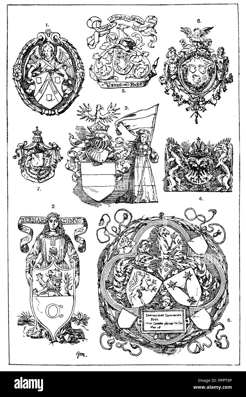 Gems héraldique : 1. Blason du bouclier ange comme titulaire. Après H.J.  Gantinn. 1628. (Warnecke). 2. Blason du bouclier ange comme titulaire.  L'italien. 16e siècle. Formulaire (Trésor). 3. Blason du bouclier dame