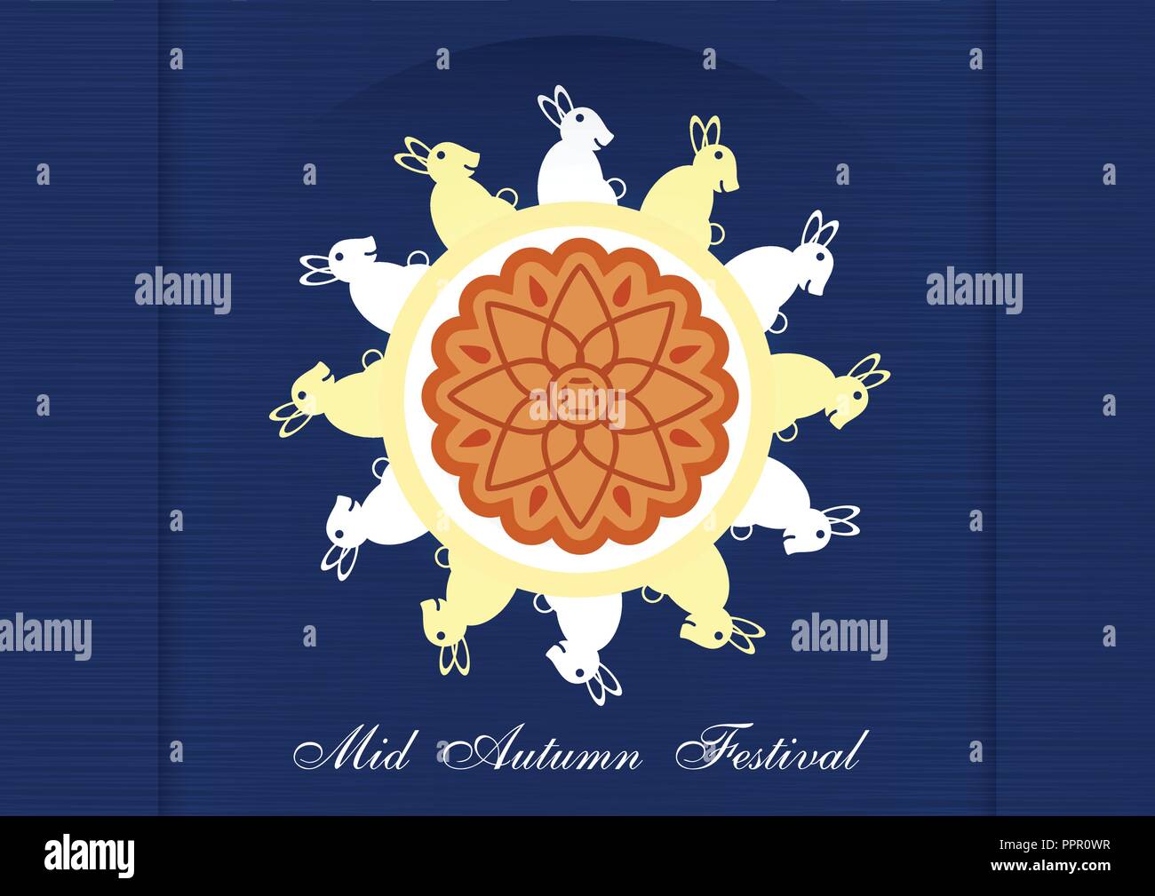 Festival de mi-automne pour les Chinois en version plate. Vector illustration sur fond bleu avec lune, lapin, gâteaux de lune. Illustration de Vecteur