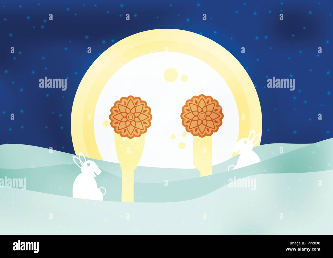 Festival de mi-automne pour les Chinois en version plate. Vector illustration sur fond bleu avec lune, lapin, gâteaux de lune. Illustration de Vecteur