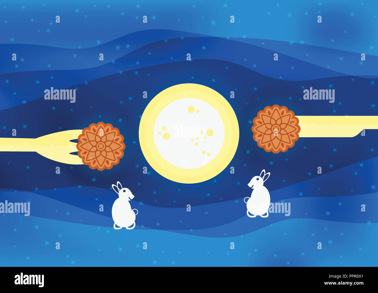 Festival de mi-automne pour les Chinois en version plate. Vector illustration sur fond bleu avec lune, lapin, gâteaux de lune. Illustration de Vecteur