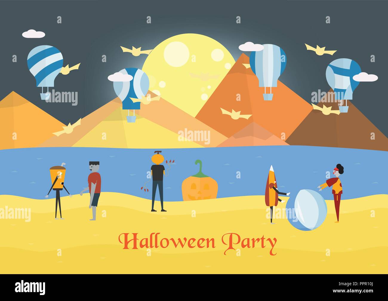 Scène minimale pour l'halloween jour et montgolfières, 31 octobre, avec des monstres qui comprennent le verre, pumpkin man, Frankenstein, parapluie, joker. Vector Illustration de Vecteur