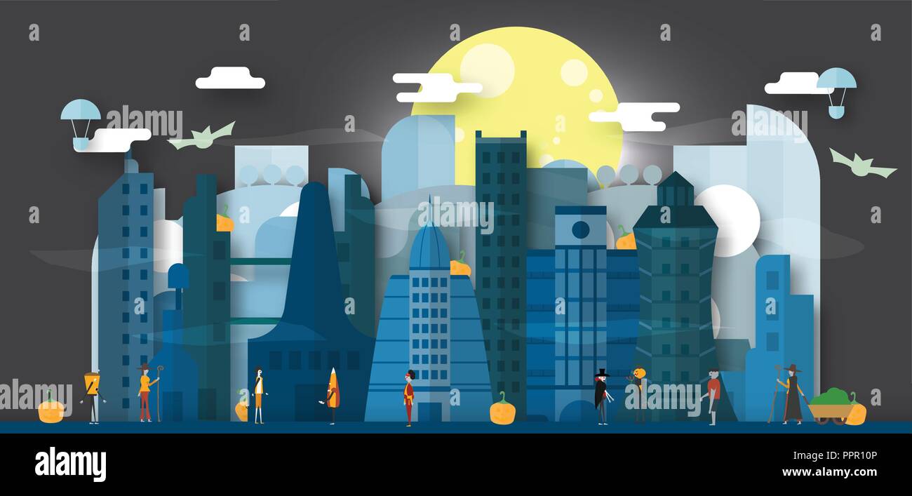 Scène minimale de ville de l'avenir pour la journée de l'halloween, le 31 octobre, avec des monstres qui : Dracula, verre, pumpkin man, Frankenstein, parapluie, joker, wit Illustration de Vecteur