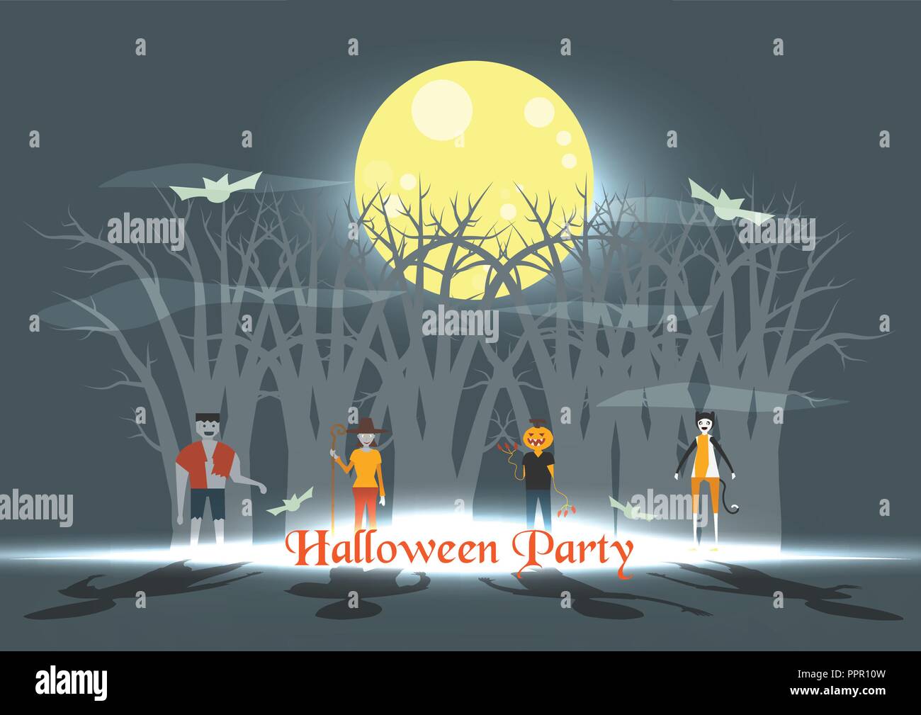 Scène minimale pour l'halloween, le 31 octobre, avec des monstres qui : pumpkin man, Frankenstein, sorcière femme, cat. Vector illustration. Illustration de Vecteur