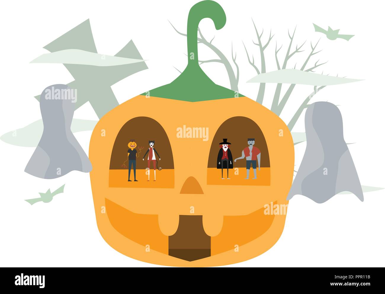 Scène minimale pour l'halloween, le 31 octobre, avec les monstres que sont dracula, Frankenstein, l'homme de potiron, cat. Vector illustration isolé sur fond blanc Illustration de Vecteur