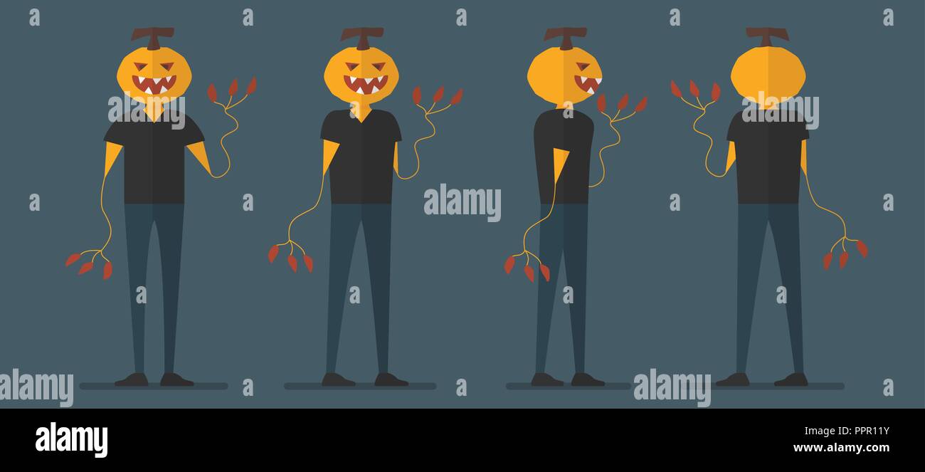 Character design de l'homme de potiron pour Halloween, le 31 octobre, Vector illustration isolé sur fond bleu foncé. Illustration de Vecteur