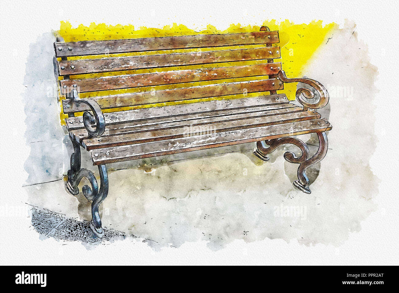 Peinture Aquarelle illustration de longue chaise en bois sur fond jaune. Banque D'Images