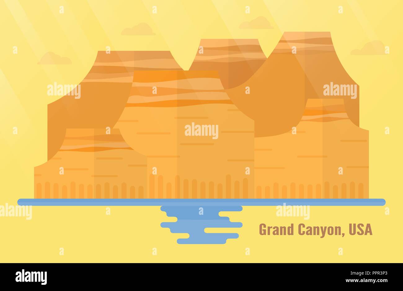Dans l'Arizona USA repères pour voyager avec le Parc National du Grand Canyon, la montagne et l'eau. Vector illustration avec copie espace et les reflets de lumière sur Illustration de Vecteur