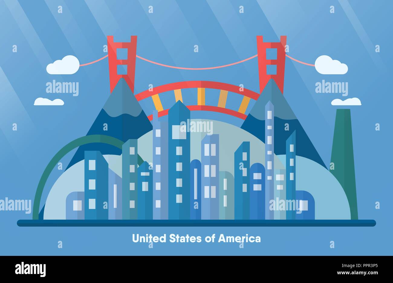 USA repères pour voyager avec urban city, golden gate et de la montagne. Vector illustration avec copie espace et les reflets de lumière sur fond bleu. Illustration de Vecteur