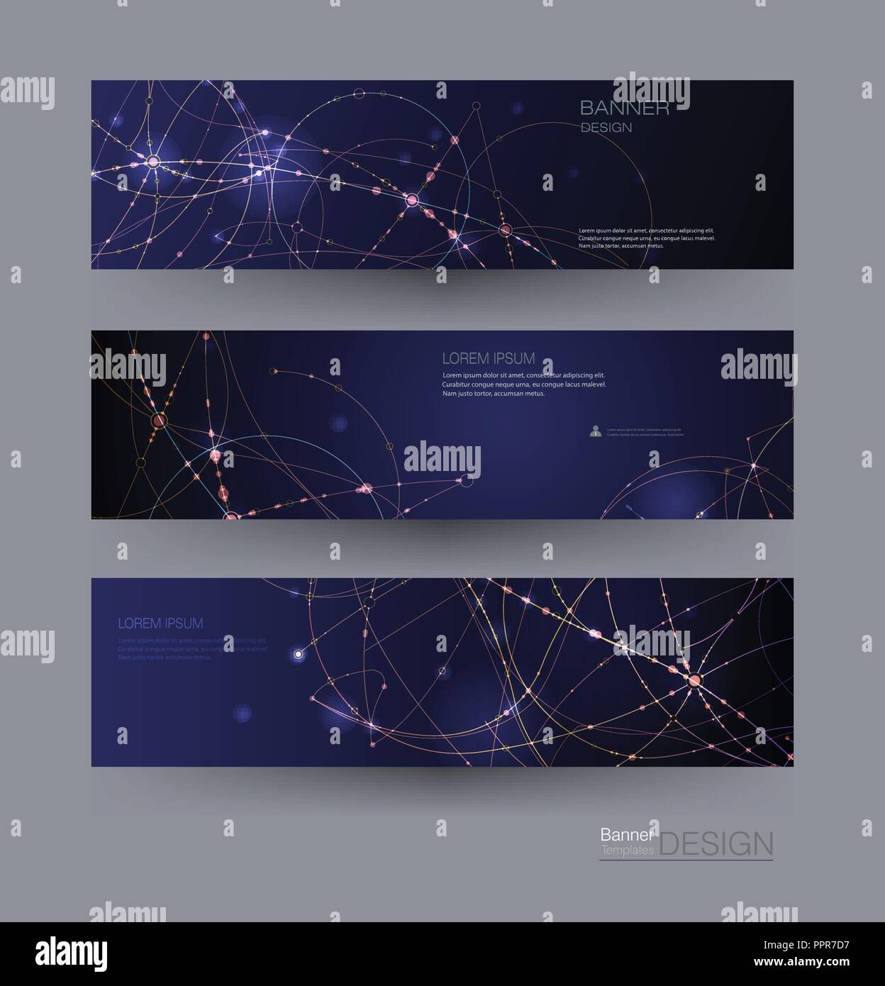 Bannières de Molécules abstraites définies avec cercles,lignes,géométriques,Polygone. Fond de communication réseau de conception vectorielle. Illustration de Vecteur