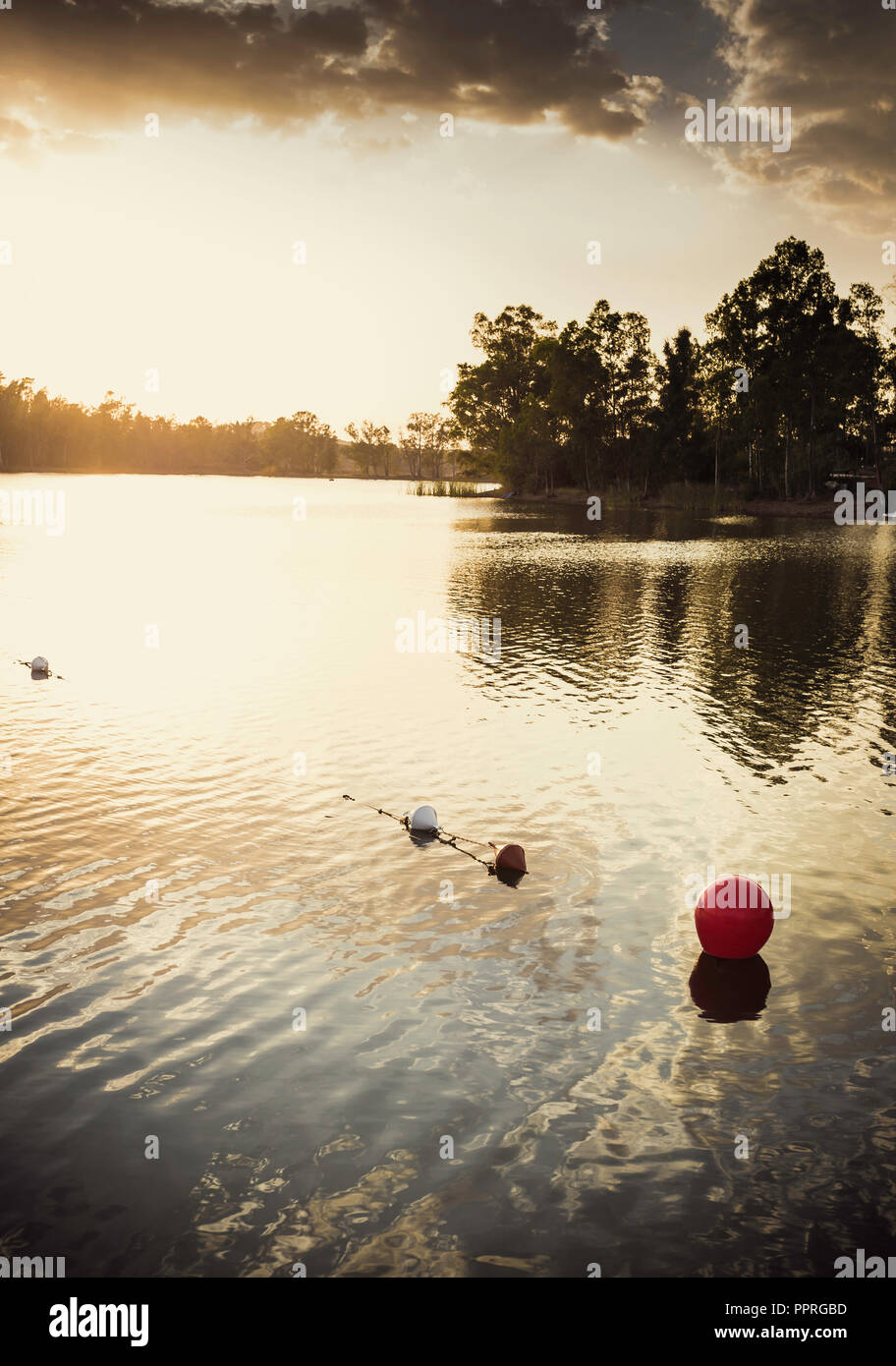 La bouée rouge dans l'eau d'or par le coucher de soleil avec le ciel avec nuages dans l'arrière-plan Banque D'Images