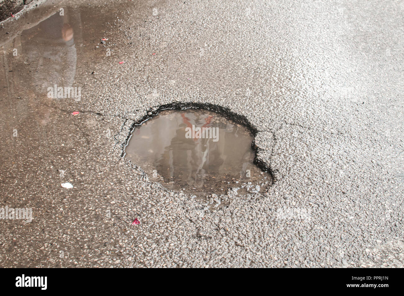 Poule avec flaque d'eau résultant de l'érosion de la surface asphaltée de la route endommagée closeup Banque D'Images