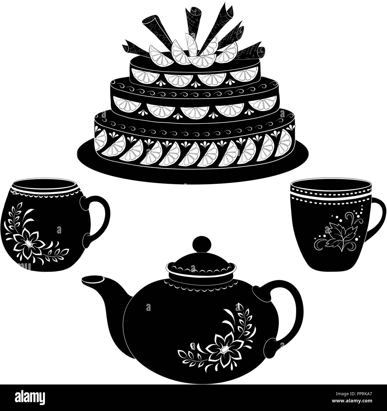 Maison de gâteau, Théière et tasses, contours noirs sur fond blanc. Vector Illustration de Vecteur
