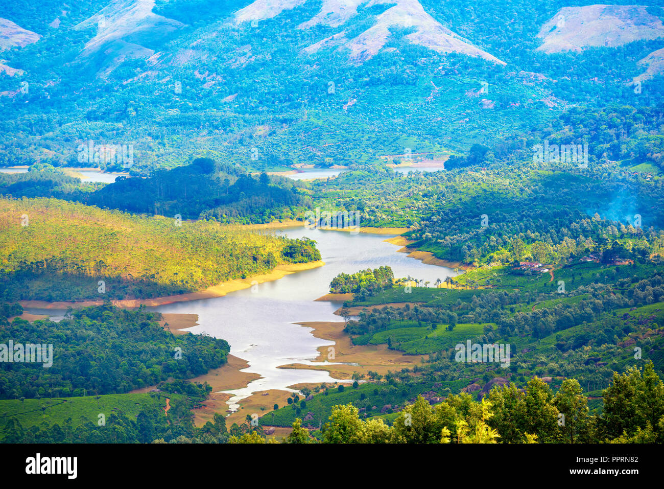 Paysage de l'Inde avec des plantations de thé, fleuve tropical, collines et montagnes, Kerala, Munnar Banque D'Images