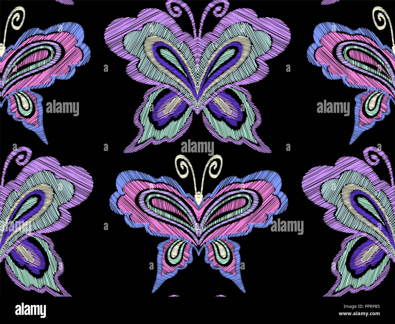 Seamless Floral motif fantaisie avec fleurs, feuilles et papillons. Les dessins au trait en fleurs à broder. Vector illustration. Banque D'Images