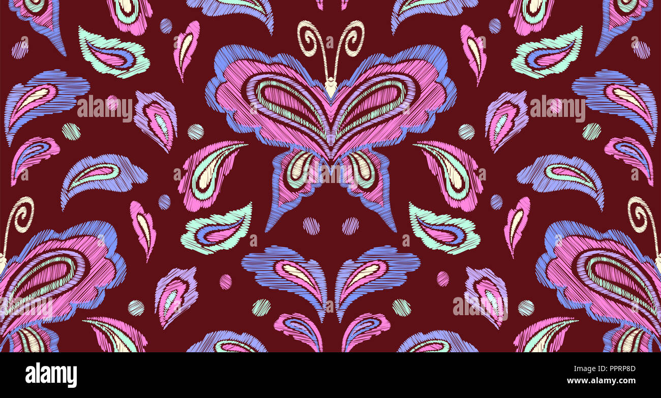 Seamless Floral motif fantaisie avec fleurs, feuilles et papillons. Les dessins au trait en fleurs à broder. Vector illustration. Banque D'Images