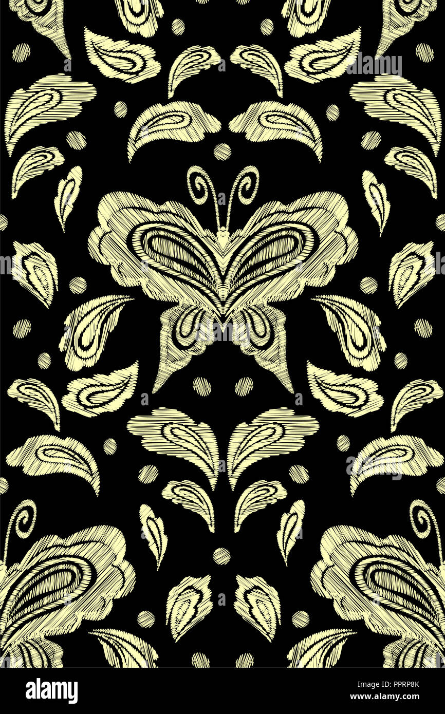 Seamless Floral motif fantaisie avec fleurs, feuilles et papillons. Les dessins au trait en fleurs à broder. Vector illustration. Banque D'Images
