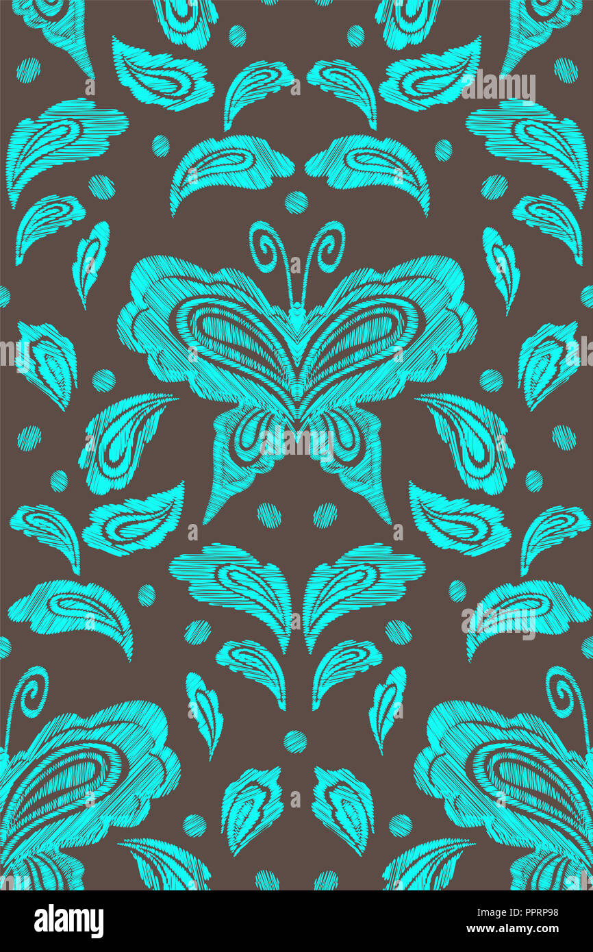 Seamless Floral motif fantaisie avec fleurs, feuilles et papillons. Les dessins au trait en fleurs à broder. Vector illustration. Banque D'Images