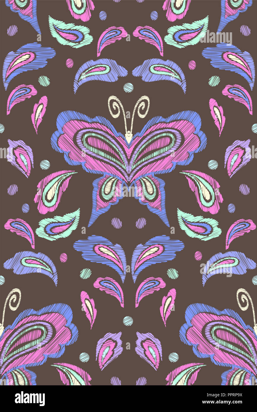 Seamless Floral motif fantaisie avec fleurs, feuilles et papillons. Les dessins au trait en fleurs à broder. Vector illustration. Banque D'Images