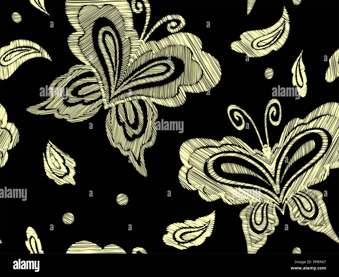 Seamless Floral motif fantaisie avec fleurs, feuilles et papillons. Les dessins au trait en fleurs à broder. Vector illustration. Banque D'Images