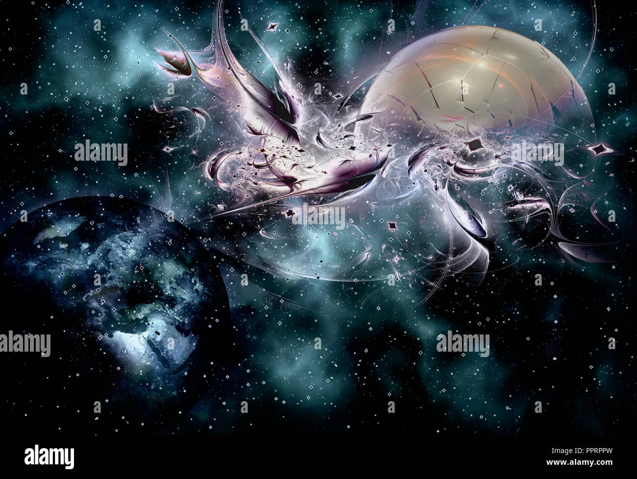 La représentation abstraite de l'Univers et les galaxies stellaires avec les planètes et les objets spatiaux. Banque D'Images