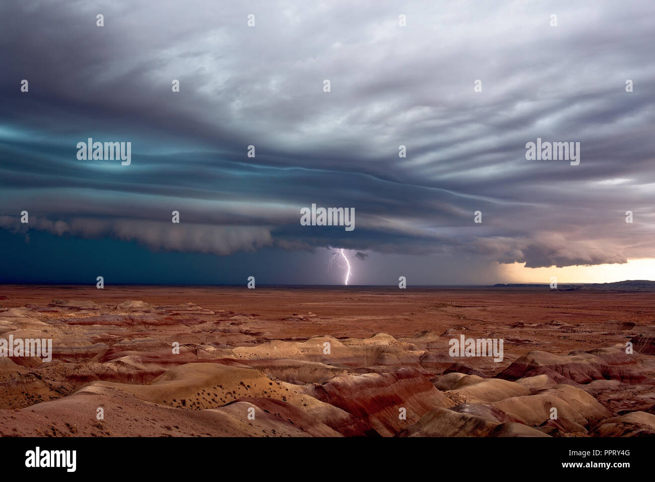 Ciel orageux avec nuage d'étagère spectaculaire et orage sur le désert peint près de Winslow, Arizona Banque D'Images