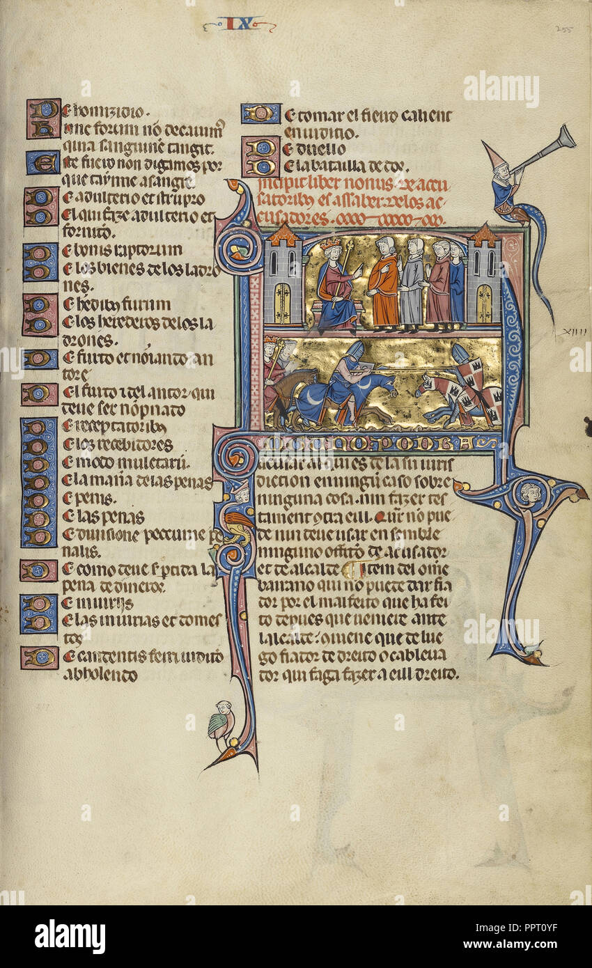 N initiale : un roi parlant de quatre hommes et d'une joute entre deux chevaliers ; Inconnu, Michael Lupi de Çandiu, Espagnol, actif Banque D'Images