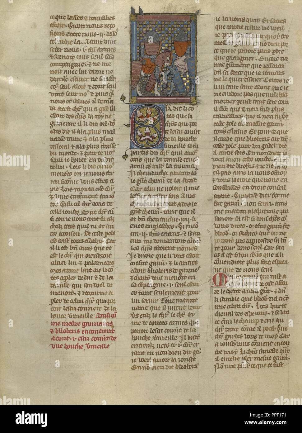 Gauvain et réunion Blioberis un chevalier avec un bouclier rouge ; Jeanne de Montbaston, français, actif sur 1320 - 1355, Paris, France Banque D'Images