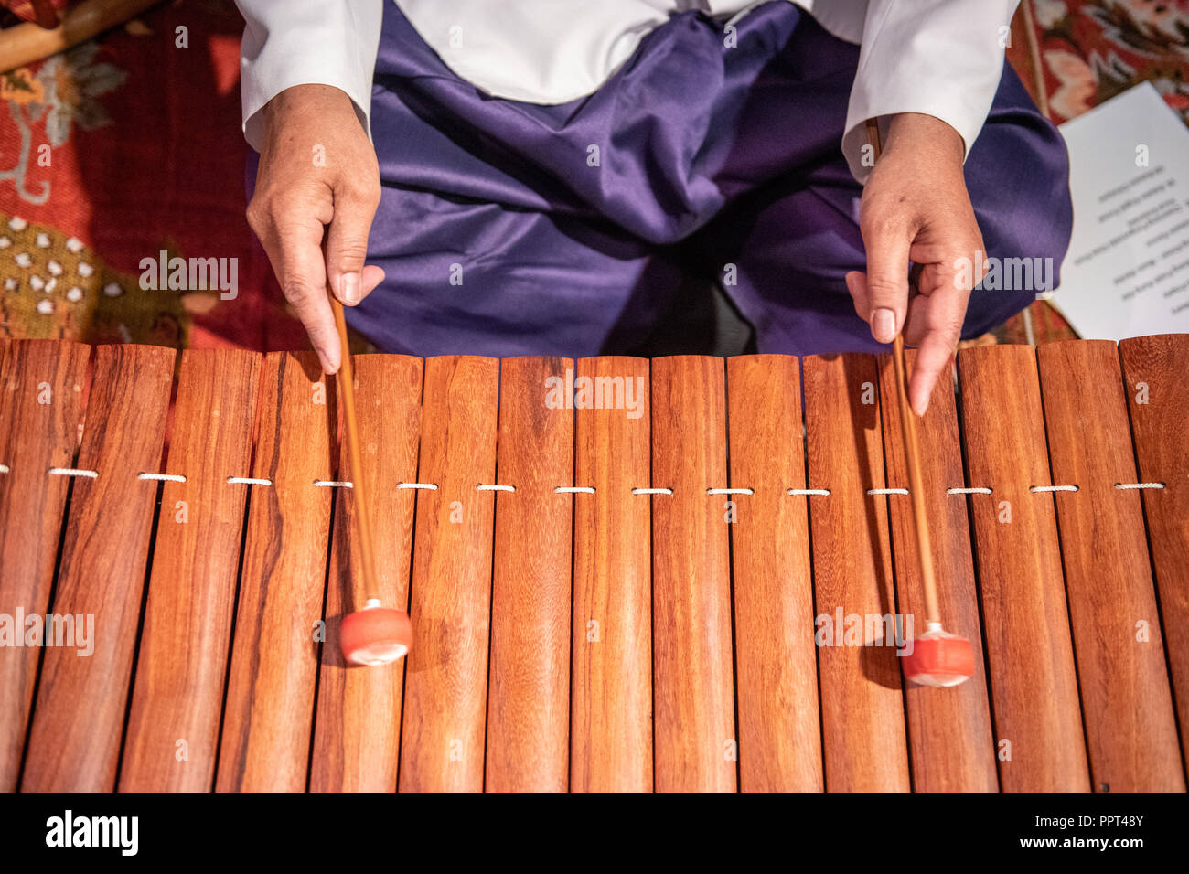 Un homme joue le Roneat Aek (bambou / xylophone en bois) à un festival du Nouvel An cambodgien en Virginie Banque D'Images