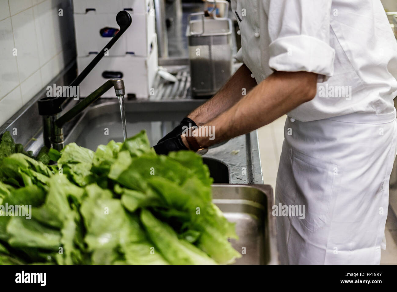Gourmet, vegan, chef, préparer un repas végétarien pour les sans-abri, dans un restaurant italien. La charité nuit en Europe, la collecte de fonds pour les populations locales. Banque D'Images