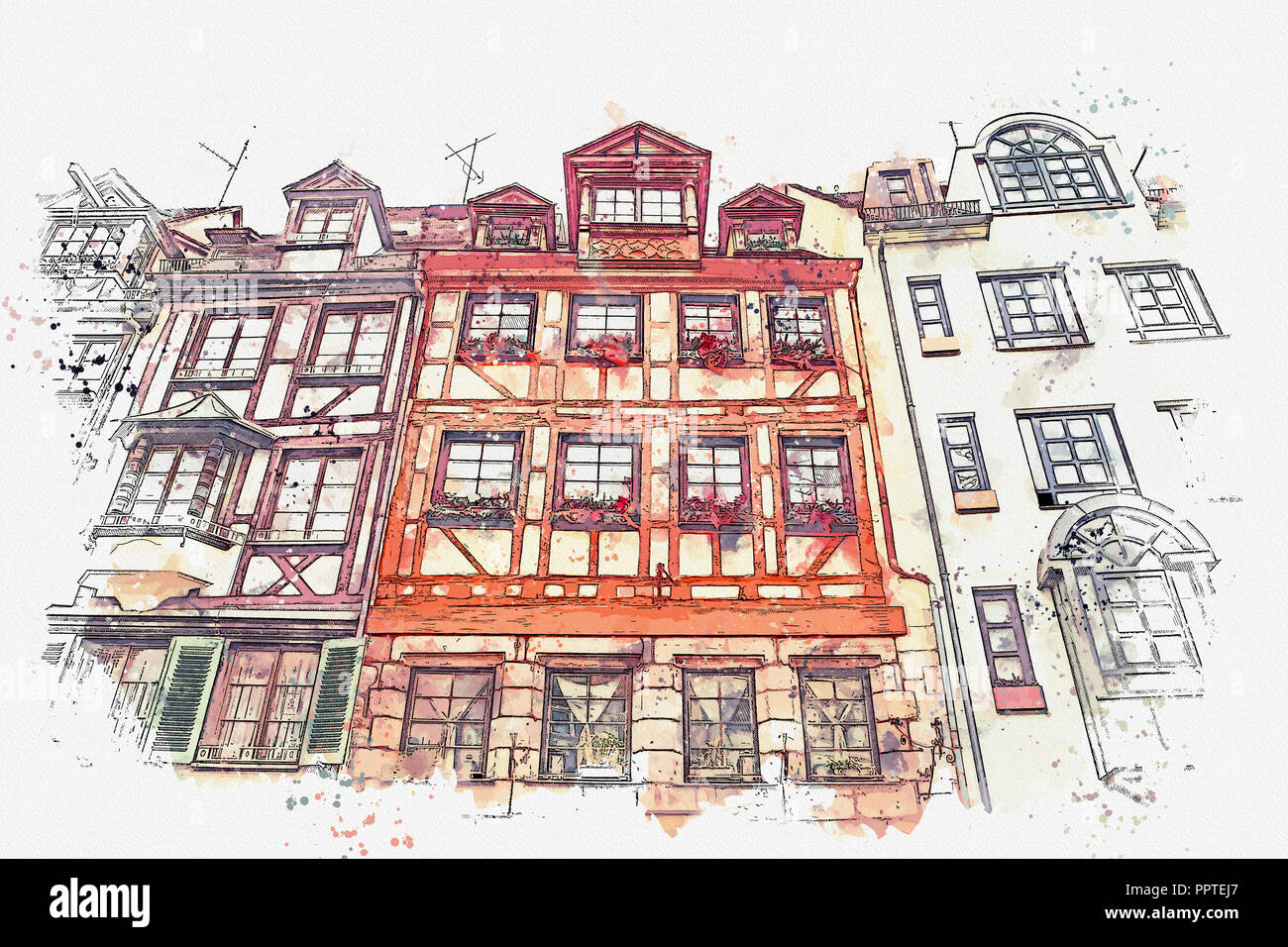 Une aquarelle ou une illustration de l'architecture traditionnelle allemande à Nuremberg en Allemagne. Banque D'Images