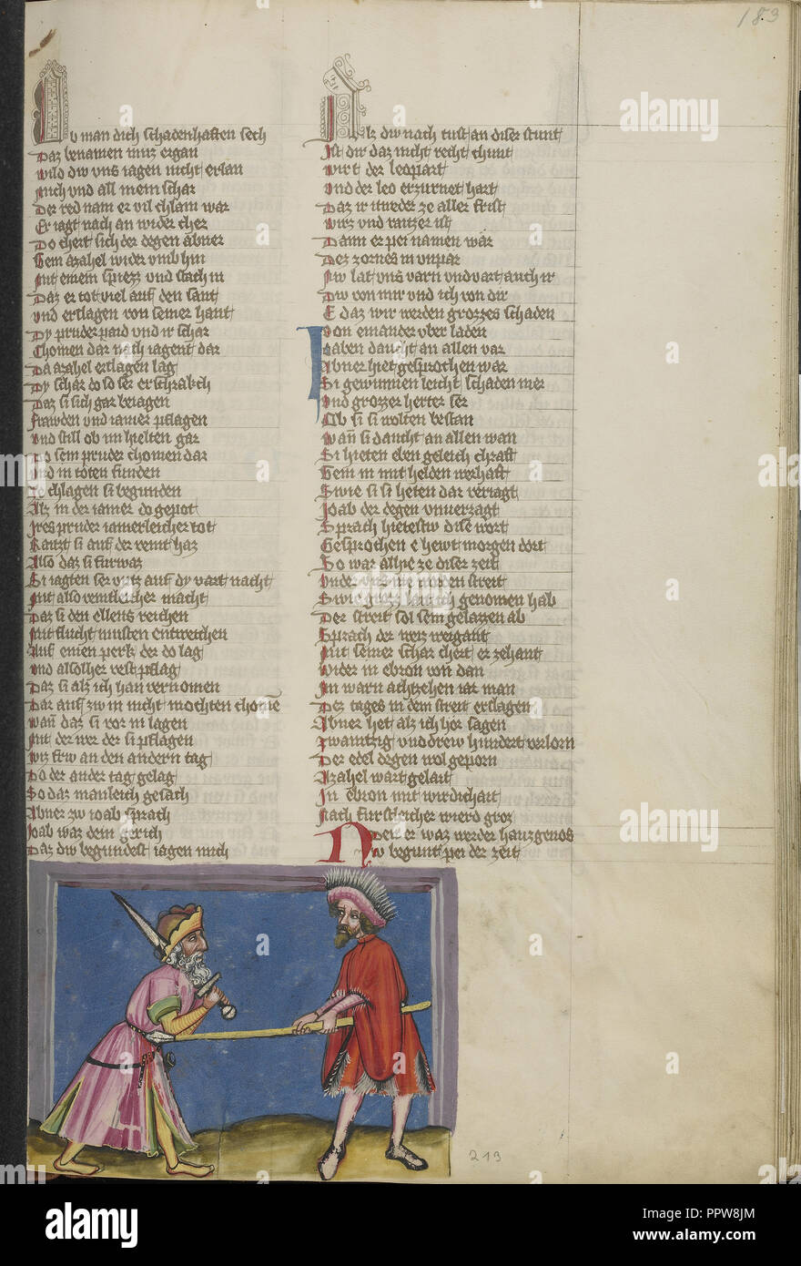Abner tuer Asaël, Regensburg, Bavière, Allemagne ; 1400 - 1410 ; température de couleurs, or, argent, peinture et encre sur parchemin Banque D'Images