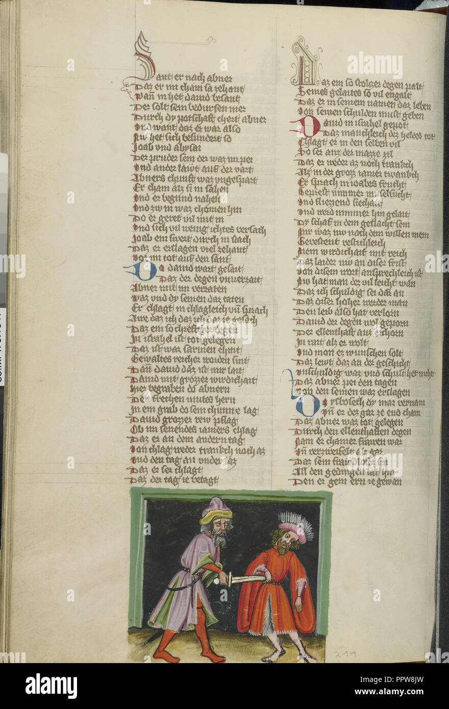 Joab tuant Abner, Regensburg, Bavière, Allemagne ; 1400 - 1410 ; température de couleurs, or, argent, peinture et encre sur parchemin Banque D'Images