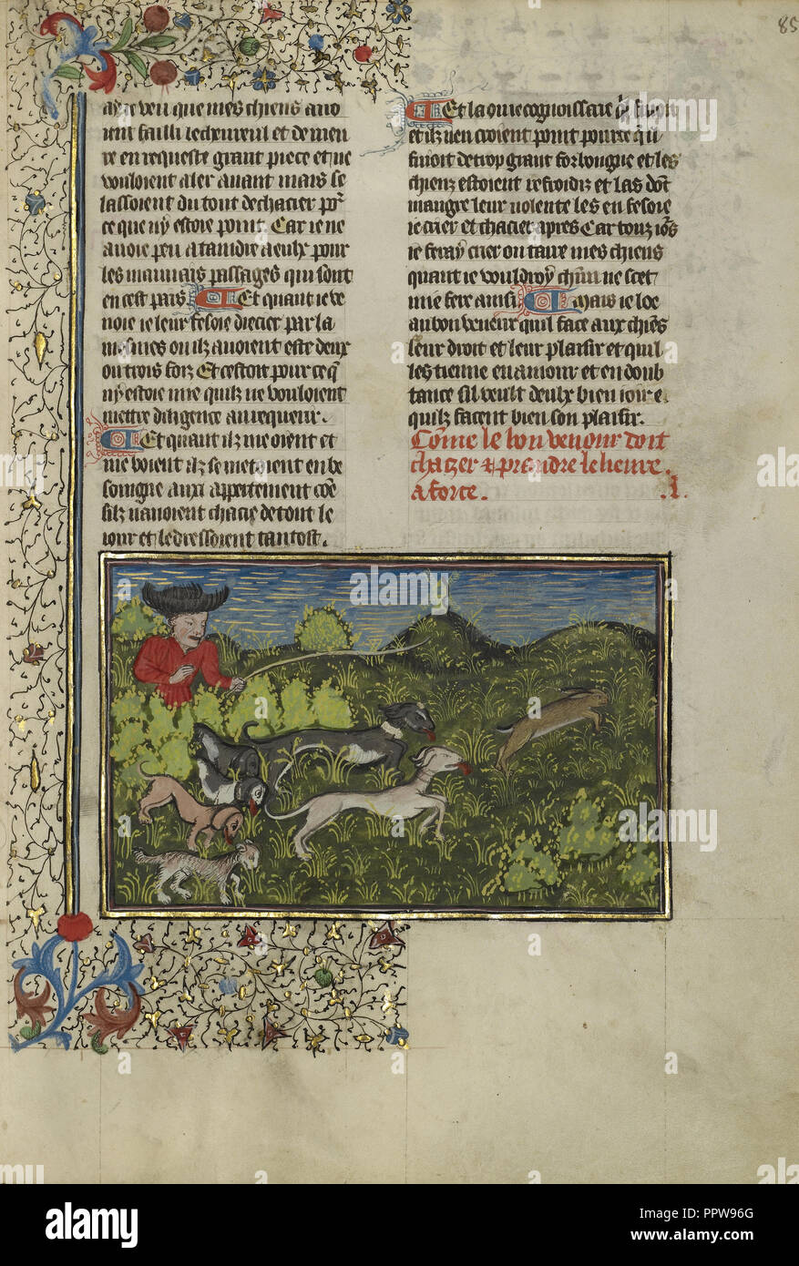 Le chasseur et le chien poursuivant un lièvre ; Bretagne, France ; environ 1430 - 1440 Tempera ; couleurs, peinture or, argent, peinture et feuille d'or Banque D'Images