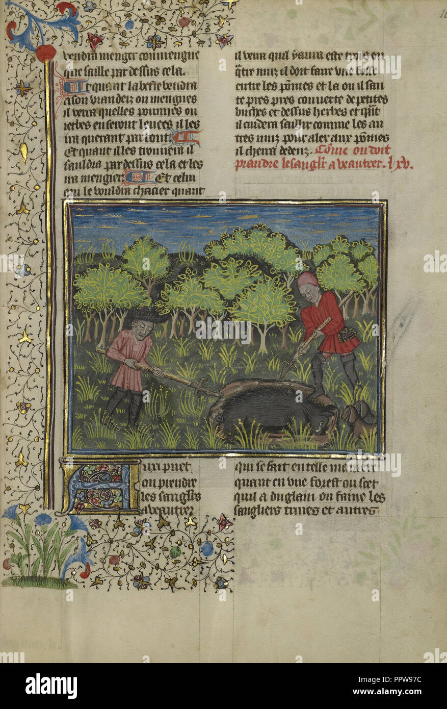 Un chasseur blessé un sanglier pris dans une fosse, Bretagne, France ; environ 1430 - 1440 Tempera ; couleurs, peinture or, la peinture argentée Banque D'Images