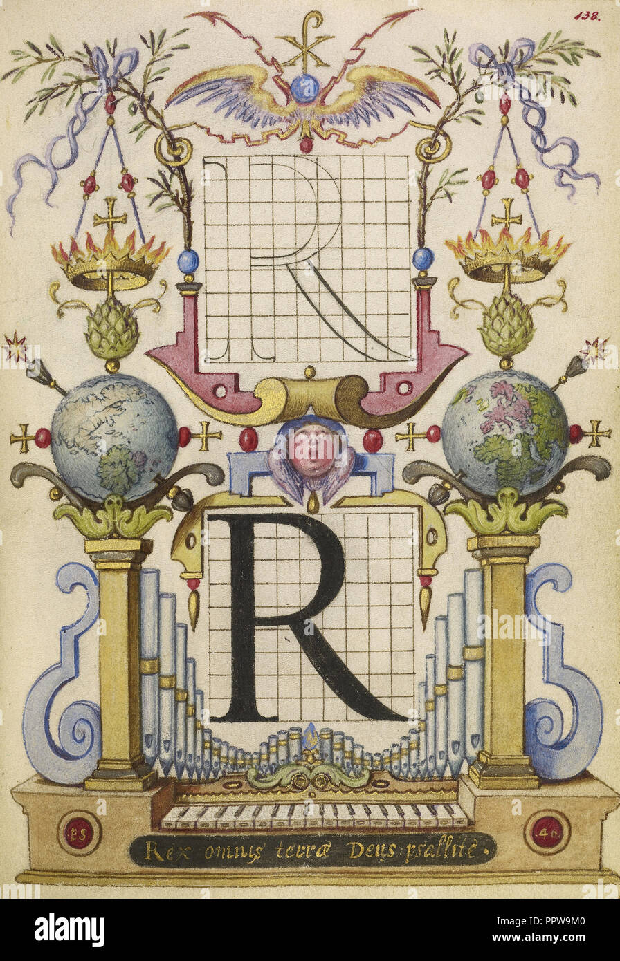 Guide pour la construction de la lettre R ; Joris Hoefnagel, flamand , hongrois, 1542 - 1600, Vienne, Autriche ; environ 1591 - 1596 Banque D'Images