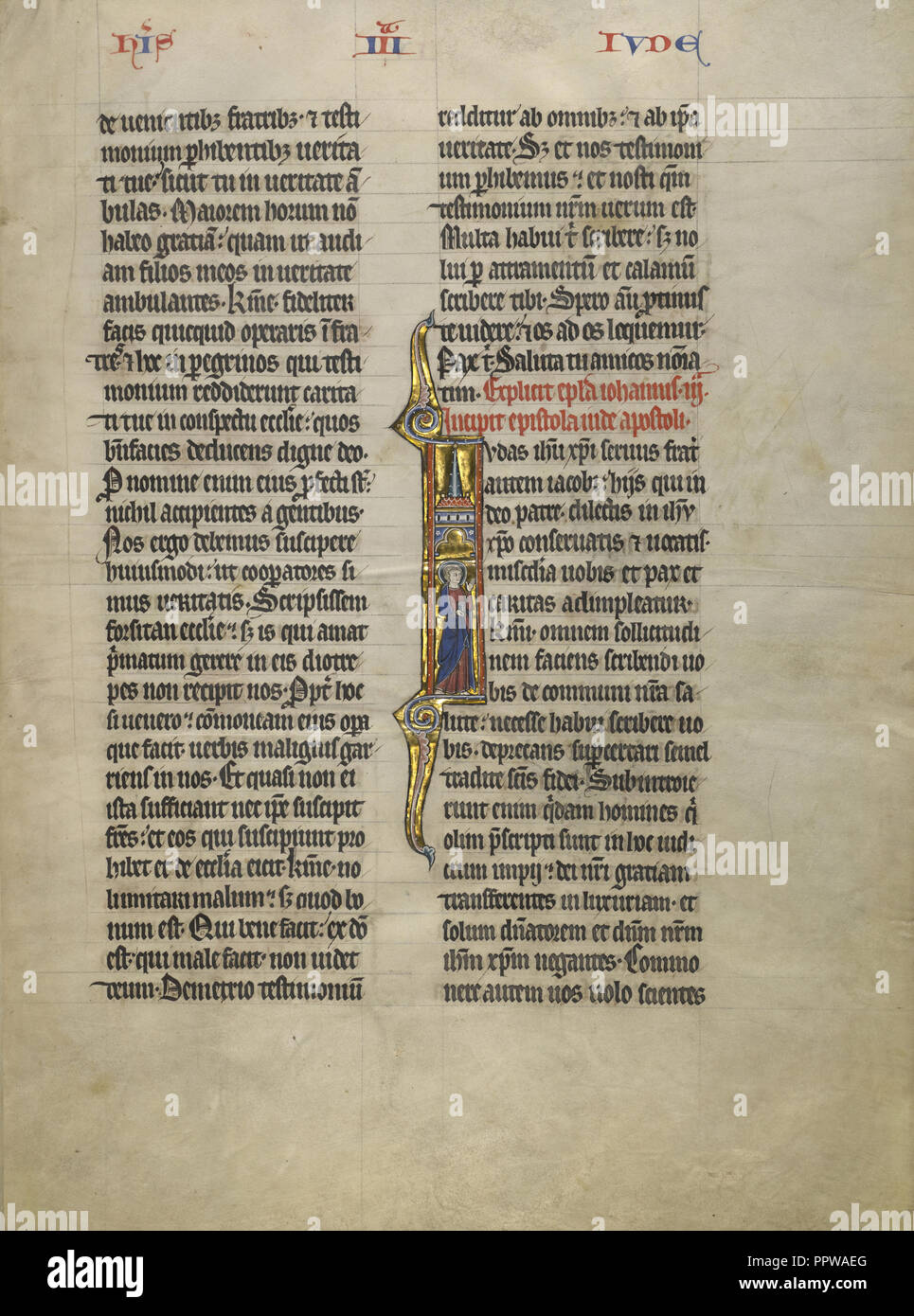 J Initial : Saint Jude avec un livre ; Lille, France ; environ 1260 - 1270 ; Tempera, la feuille d'or, et un stylo et l'encre noire sur papier parchemin Banque D'Images