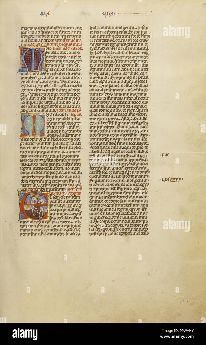 E initiale : deux chevaliers combats ; Bologne, Émilie-Romagne, Italie ; environ 1280 - 1290 Tempera ; couleurs, feuilles d'or, et d'encre Banque D'Images