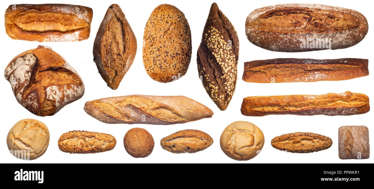 À partir de au-dessus de composition de divers pains et petits pains et baguettes isolé sur fond blanc Banque D'Images