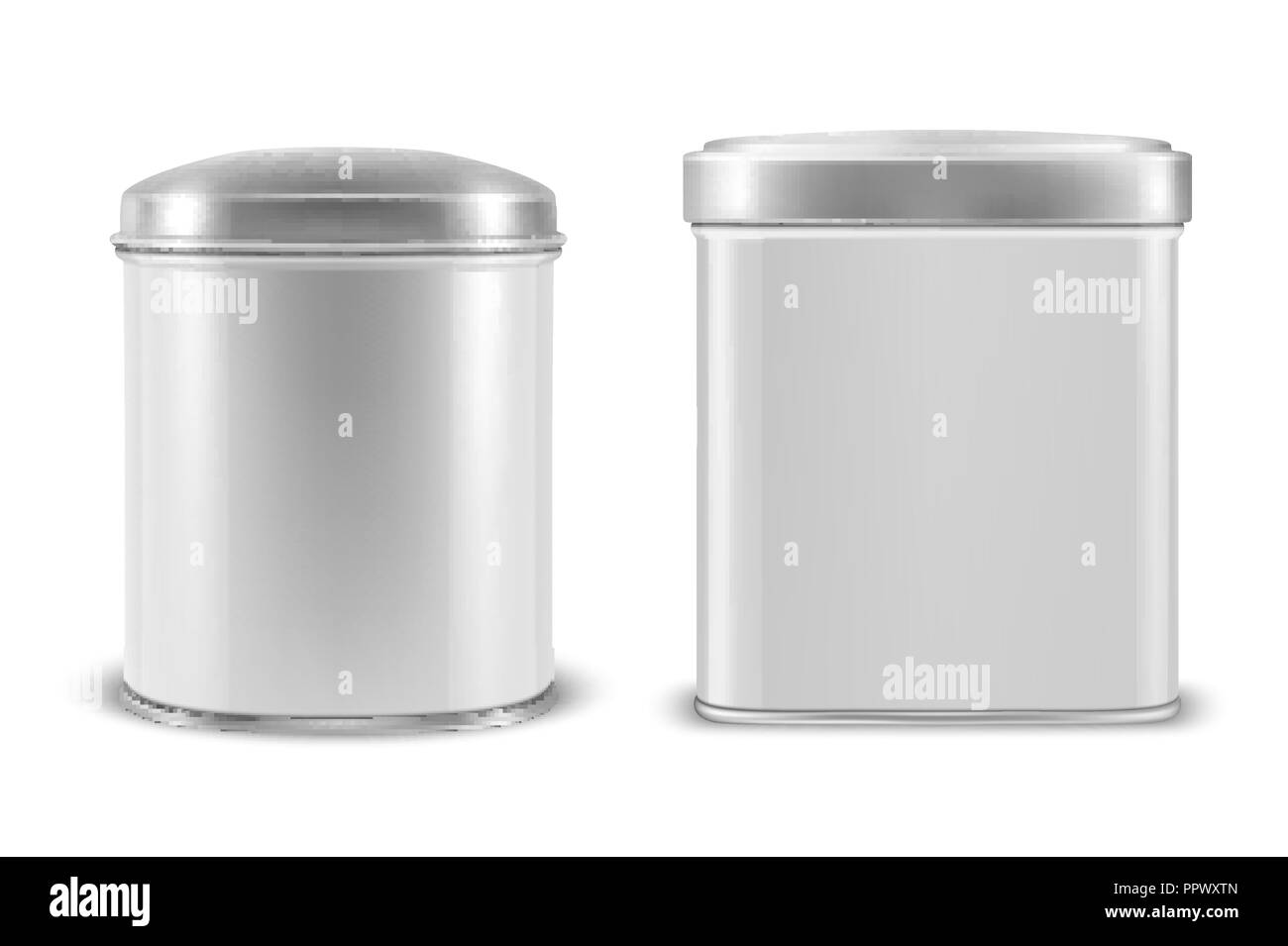 Vector 3d Realiste De L Aluminium Metal Blanc Vide Boite De Conserve Avec L Argent Des Conteneurs Rectangulaires Ou Carres De Forme Ovale Icon Set Libre Isole Sur Fond Blanc Modele De Conception Pour