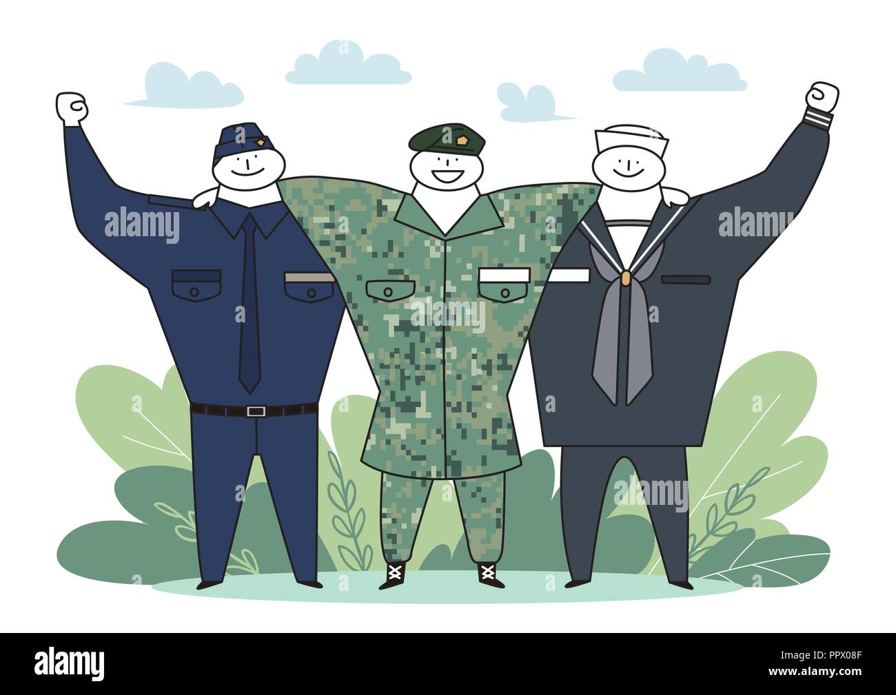 Officier et soldat de l'homme et la femme en uniforme. Cute cartoon style vector illustration. 002 Illustration de Vecteur