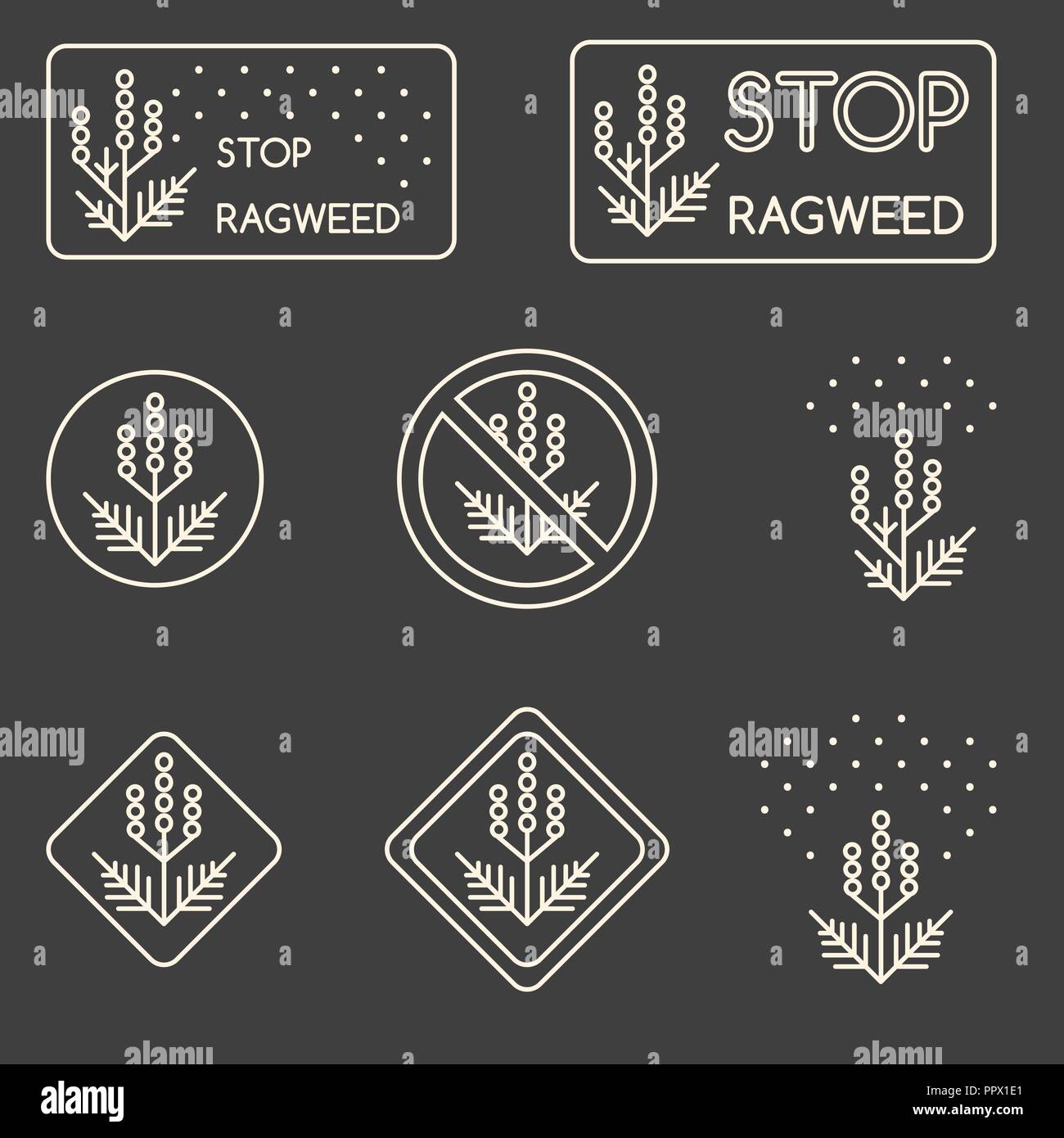 Ensemble de signes linéaires minimaliste sur l'herbe à poux, cause d'allergies, mauvaises herbes dangereuses Illustration de Vecteur