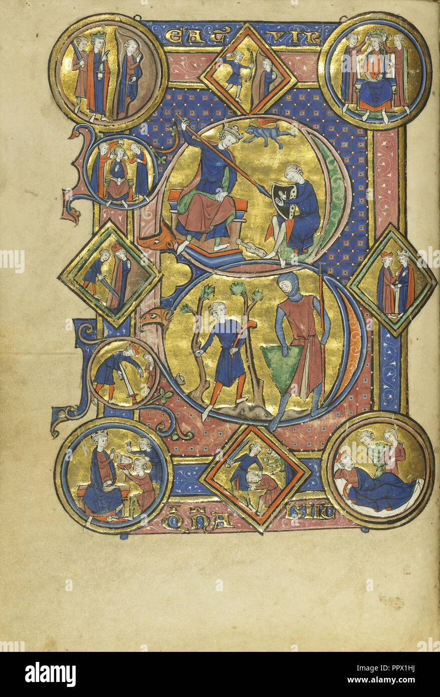 B Initial : David jouant de la harpe et David et Goliath ; Paris, France ; environ 1250 - 1260 Tempera ; couleurs, feuilles d'or, et d'encre Banque D'Images