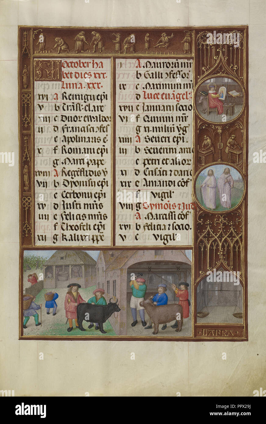 L'abattage d'un boeuf et la vendange ; Signe du Zodiaque de la balance ; atelier du maître de Jacques IV d'Écosse, flamande Banque D'Images