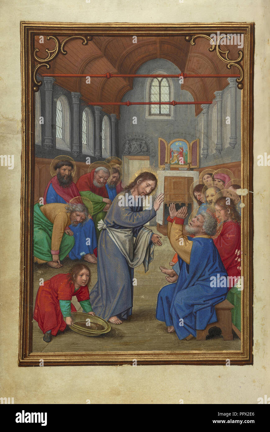 Le Christ lave les pieds des Apôtres ; Simon Bening, flamand, environ 1483 - 1561, Bruges, Belgique ; environ 1525-1530 ; couleurs Tempera Banque D'Images