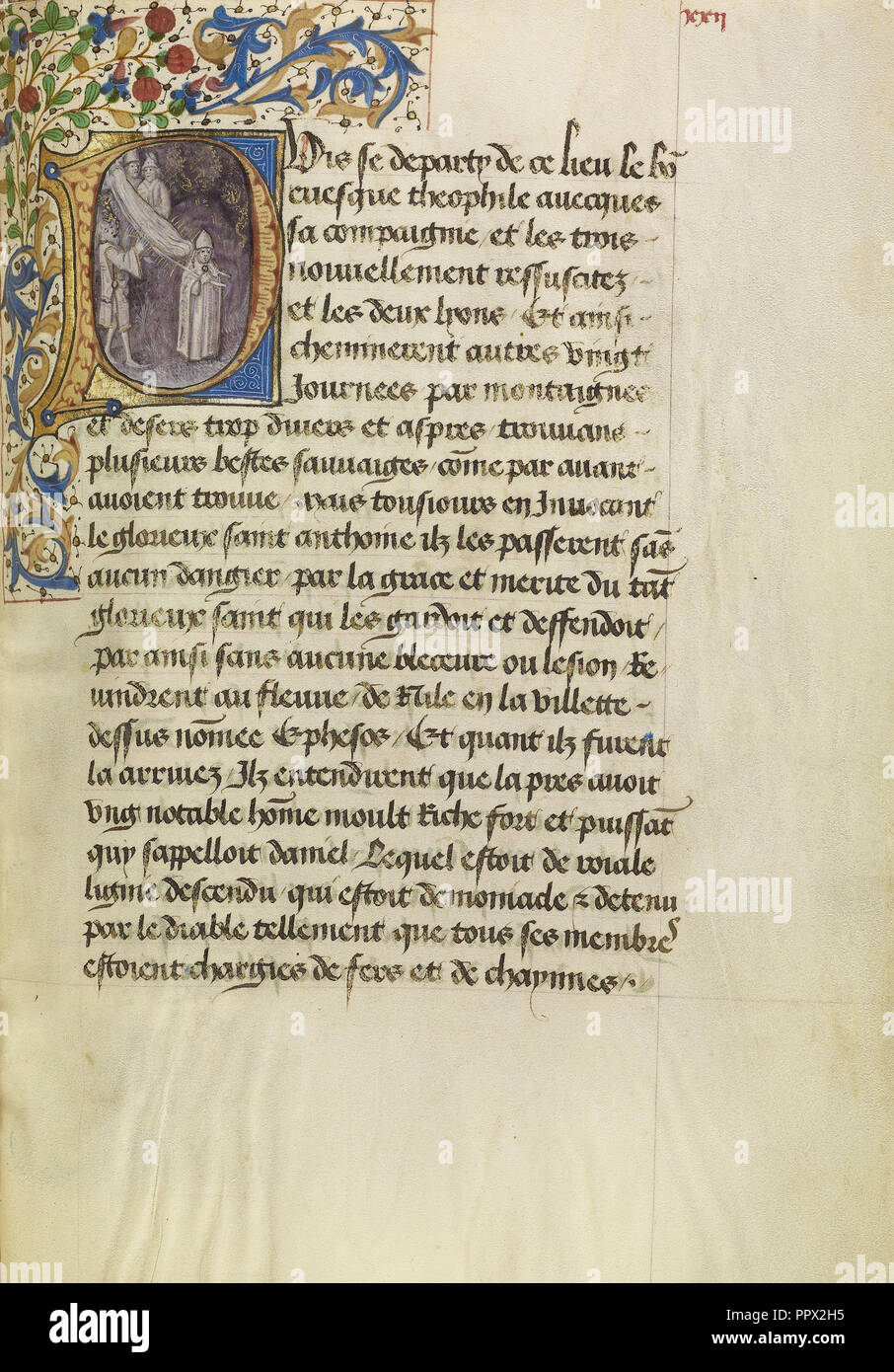 P initiale : un fou guéri après avoir touché le corps de Saint Antoine ; Maître de l'atelier ou Romuléon Bruxelles, flamande Banque D'Images