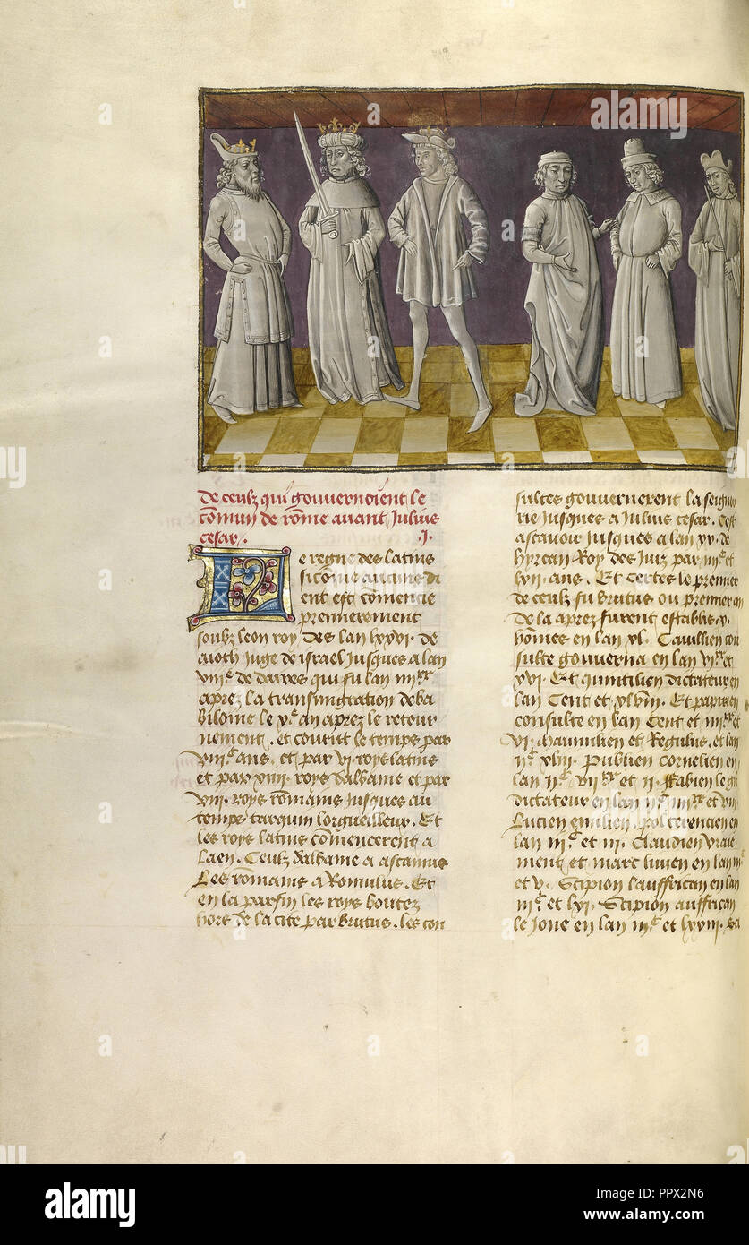 Les six prédécesseurs de Jules César ; Gand, Belgique ; environ 1475 Tempera ; couleurs, feuilles d'or, et or sur parchemin ; Feuille de peinture Banque D'Images