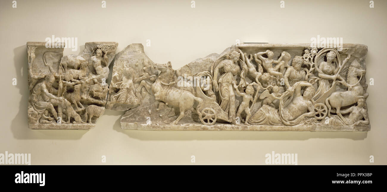 Panneau de sarcophage avec le mythe d'Endymion et Séléné, Empire romain ; environ 210 ; bleu-gris marbre ; 54,3 × 10,2 × 214 cm Banque D'Images